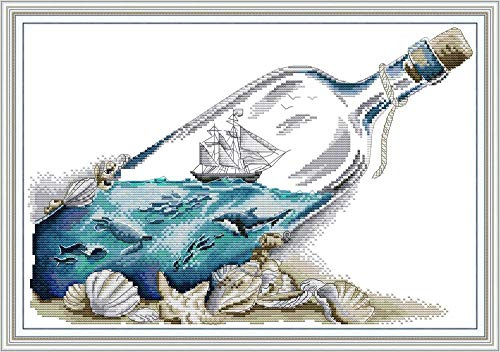 Kreuzstich Stickpackungen Vorgedruckt, OWN4B Meer in einer Flasche Bilder 11CT 21,3x15,0 Zoll DIY Stickpackung Set