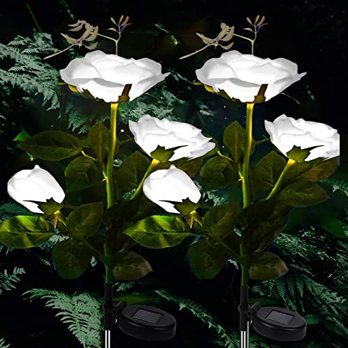 XRR Luces solares para jardín - 2 pcs estacas solares LED para exteriores decorativas con 6 flores de rosa, luces de flores de paisaje de hadas para césped, patio, camino, pasarela(blanco)
