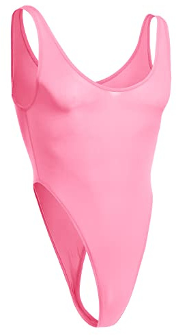 IBAKOM Men's Lingerie Nylon Leotard Thong Bodysuit Solid Color Dee U Neck Sleeveless High Cut One Piece Undershirt Mankini Swimwear Nightwear Pink One Size