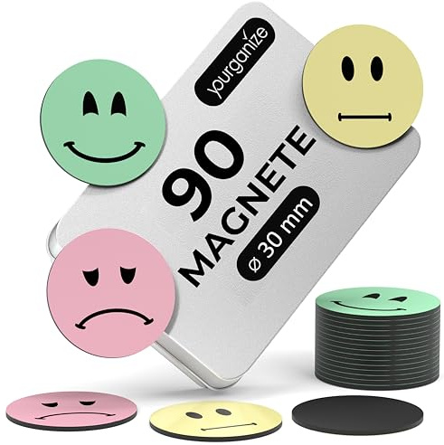 YOURGANIZE® 90 Smileys Magnete | ⌀ 30mm | Ideal als Belohnungssystem für Kinder, Lehrer Zubehör, Feedback-Tool | Magnet Smileys