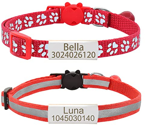 Senristar Personalisierte 2 Pack Reflektierende Katze Halsband, Benutzerdefinierte Breakaway Halsbänder Mit Namensschild und Glocke, Anti-Verlust Namensschild für Mädchen & Jungen