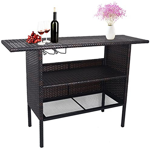 BalanceFrom Outdoor Patio Wicker Bar Counter Table Backyard Furniture with Shelves and Rails