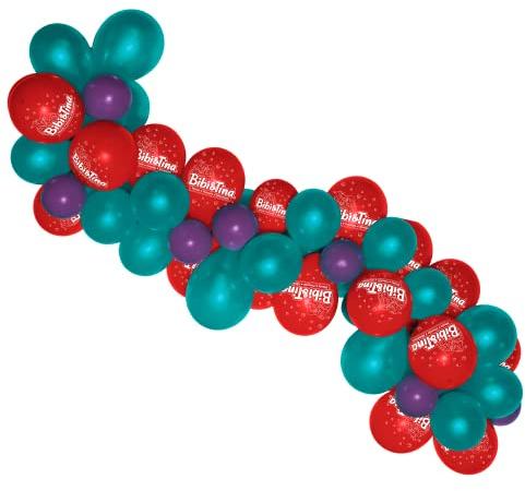 Party Factory `Bibi & Tina´ Ballongirlande aus 60 türkisen, roten und lilafarbenen Latexballons, Ø25 und 12cm, inklusive 4m Ballonband