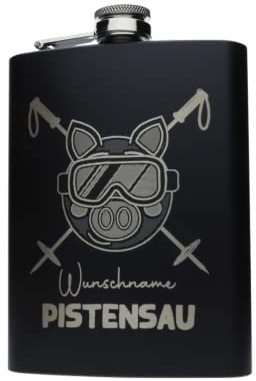 FORYOU24 Edelstahl Flachmann Pistensau mit persönlicher Namens Gravur | Geschenk Wandern Klettern Bergsteiger Ski Fahrer Urlaub