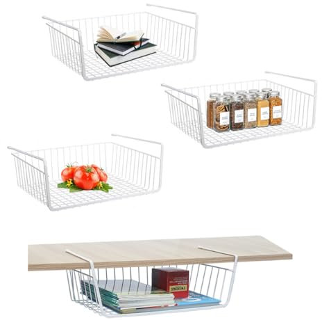 Unterregal Aufbewahrungskorb, Hängekorb Metall Hängekorb Regal Unter Schrank Hängekorb Metall Korb-Organizer Regaleinhängekorb für Küche, Büro, Speisekammer, Bad, Schrank, 4 Stück- Weiß