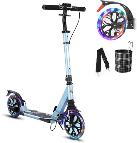 GLDDFDG Commuter Adult Scooter 300 lbs Capacity, Big Wheels Scooters, Sport Folding Kick Scooter for Kids 10 Years and up, 4 Adjustable Levels, Bearing ABEC 9, 15 lbs,Blue