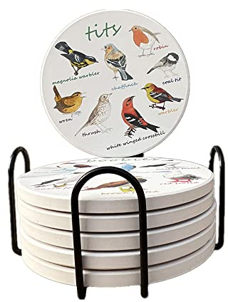 Vogel-Keramik-Untersetzer für Getränke mit Halter und Korkboden, Set mit 6 Stück, alle Arten von Vögeln, saugfähige Untersetzer für Couchtisch