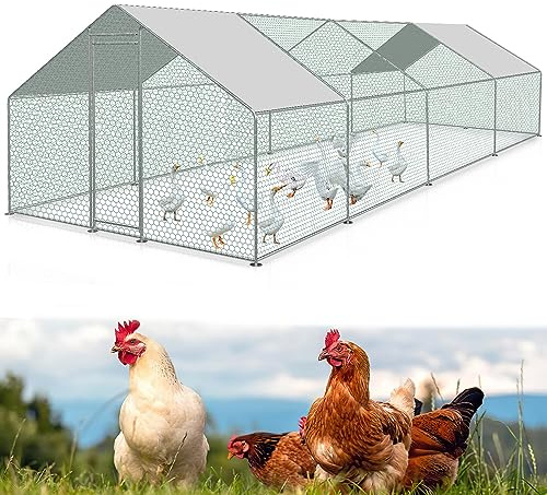 Gimisgu Hühnerstall Freilaufgehege mit Schloss, XL3x8x2m Verzinkter Stahl Kleintierstall Hühnerhaus Dach Geflügelstall mit Sonnenschutzdach und Tür, Stabilem Stahlrahmen