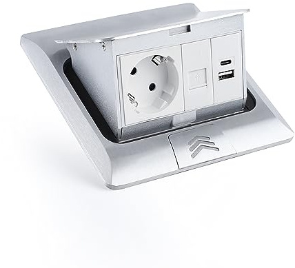 Bodeneinbausteckdose ELBE Inno, 1 Einbaustecker, 1 USB-A, 1 USB-C, 1 CAT6 RJ45, silbernes Aluminium-Finish, Deckel mit Soft-Pop-up-Funktion, IP42 Wasser- und staubdicht