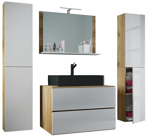 VCM 5-TLG. Waschplatz Waschtisch | schwarzes Waschbecken Unterschrank Breite 60 cm | Badmöbel Set mit Schubladen Drehtüren Spiegel | Lendas S BL