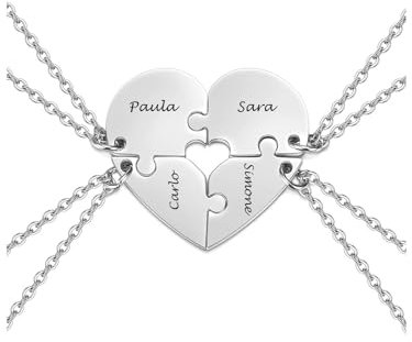 Zysta BFF Collane Amicizia per 4 Migliori Amiche in Acciaio Inox Collane Ciondolo Cuore Spezzato Incisione Nomi Personalizzate Iniziali Collane Distanza Puzzle Divisi per Sorelle Famiglia (Argento)