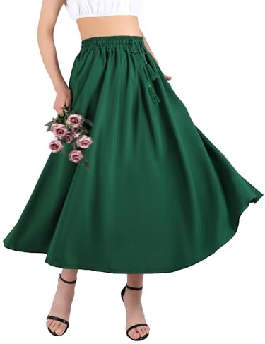 Kefiyis Faldas de verano para mujer de Reino Unido Faldas de cintura elástica para señoras Falda larga con bolsillos Falda midi con cordón Verde L