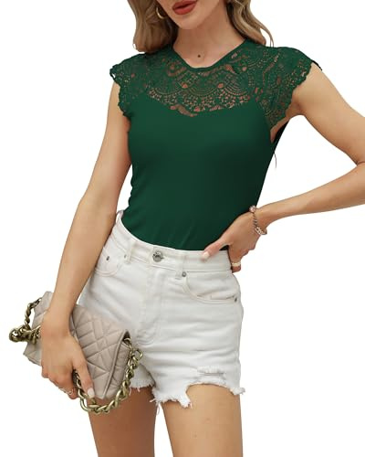 Hount Damen Bluse Eng Ärmellos Rundhals Spitzentop Elegant Sommer Blusen Top (S, Dunkelgrün)
