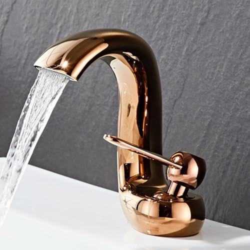 BiaoTeng Wasserhahn Bad Wasserfall Messing Einhebelmischer Warm und Kalt Bad Armatur Waschbecken Wasserfall Waschtischarmaturen Roségold