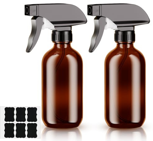 HOTUT 2-pack Amber glasspray, 240 ml glassprayflaska, brun glasflaska, bärnstenssprayflaskor med dimströmsinställningar med svarta pumpar, Sprayflaska glas för Rengöringsprodukter, Aromaterapi & Oljor