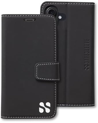 SafeSleeve EMF Protection Anti Radiation for iPhone 16 Case, RFID EMF Blocking, Card Holder Wallet, Vegan Leather, Adjustable Stand Cell Phone Case, for Women & Men (Black)