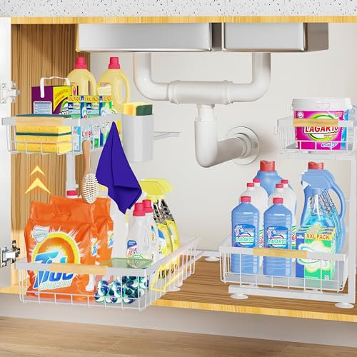 homicozy 2 Stück Spülschrank Organizer, 2 Etagen Metall Ausziehbar Putzmittel Organizer mit 8 Haken &2Tassen, Höhenverstellbar Unter Spüle, Waschbecken Spülschrank Küche Bad Regal (Weiß)