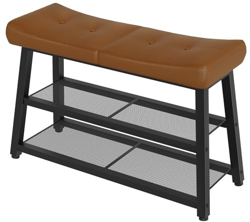 YATINEY Banco Cambiador de Zapatos, Banco de Entrada con Cojín en Cuero PU, Zapatero de 2 Niveles, Taburete para Cama, para Entrada, Pasillo, Dormitorio, Marrón y Negro XHX02BV