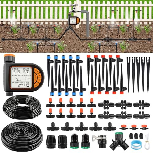 207 Feet Automatic Drip Irrigation Kit with Water Timer, Kalolary 1/4 1/2 Adjustable Garden Watering System with 4/7mm 16mm Tubing Micro Drip Automatic Irrigation System for Greenhouse Lawn Yard