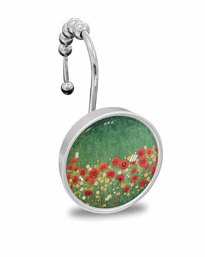 Shower Curtain Hooks Set of 12, Spring Red Poppy Flower Green Plant Garden Crystal Glass Showers Curtains Rings, Bathroom Decorative Rod Stainless Steel Rust Proof Roller Hangers Hook