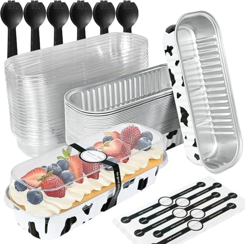 MEETOZ 30Set Mini Loaf Cake Cases 200ML,Mini Cake Pans with Lids and Spoons,Reusable Aluminum Baking Cups,for Bread Cakes,Weddings, Picnics, and Pairing (Cow Color)