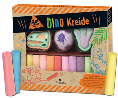 moses. Dino – XXL Kreide-Set mit 24 bunten Kreidesticks & 3D-Dino-Kreiden – Straßenkreide ab 2 Jahren – Outdoor-Malspaß für Kinder – Fördert Kreativität und Motorik, Bunt