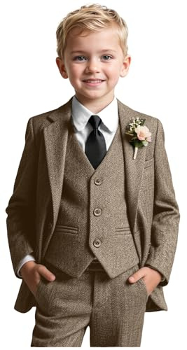 ACAMZ Toddler Suits Boys Tweed Herringbone 5pcs Tuxedo Brown Wedding Suit for Boy Jackets Vest Pants Set for Kid Size 4