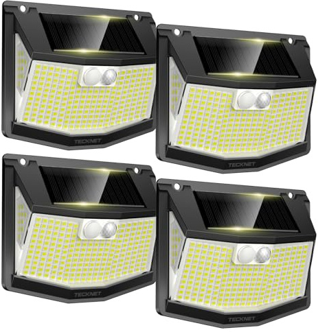 TECKNET Solar Motion Sensor Lights Outdoor, 248 LED Bright Garden Wall Lights, 3 Lighting Modes, 300° Wide Angle, IP66 Waterproof, Easy to Install Security Lights for Fence, Yard & Garage (4 Pack)
