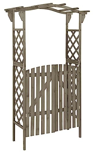 Myheimly Pergola mit Tor Rosenbogen Torbogen Rankhilfe Spalier Rankgitter Gartenbogen Gartentor Gartentür 116x40x204 cm Grau Massivholz Tanne