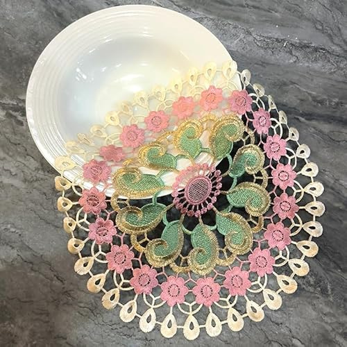 YKAFADE 4 Stück Runde Spitzentischdecke, 29cm Spitze Blumen Tischdecke Handarbeit Geklöppelt Spitzendeckchen Tischset Häkeldeckchen für Tassen, Getränke,Schalen,Töpfe,Teller,Vasen für Esszimmer, Küche