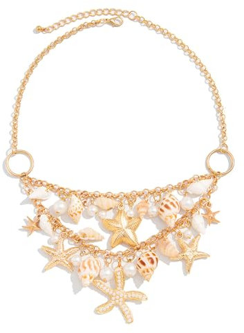 Cosswe Seestern Muschel Perlen Halskette Sea Star Shell Perlen Kette Muschelkette Boho Seestern Shell Muschel Halskette Bohemian Seashell Strandschmuck für Karneval Strandparty Mottoparty