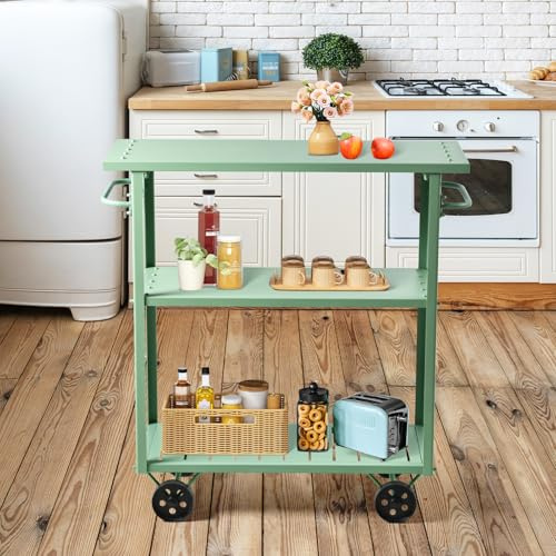 Topower Industrial Bar Cart, 30.5 Height Serving Cart with Wheels and Handle, 3-Tier Beverage All-Metal Trolley with Removable and Storage Shelves for Living Room, Kitchen, Outdoor, Green