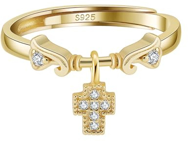 Silverringar med justerbara silverringar för kvinnor 925 – zirkonia ring med charm hänge rosett/klöver/kors, sterling silver ring i guld och silver, En Storlek