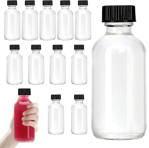 Lot de 12 petites bouteilles en verre transparent de 60 ml Boston rondes pour la décoration de la maison, mini bouteilles de voyage pour soins personnels et beauté