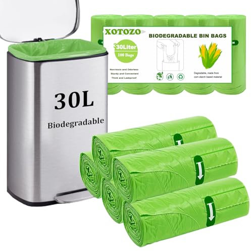 30L Biodegradable Bin Liners 100pcs - Tie Handle, 30 Litre Compostable Food Waste Garbage Bags Trash Caddy Liners, Recycling Degradable Rubbish Bag for Kitchen Bathroom Garden Office (Green 60 x 74cm)