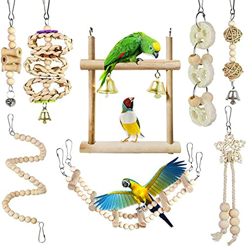 UPALDHOU Bird Colorful 8 Pieces Papegoja Tuggleksaker, Handgjorda trägräsburtillbehör.