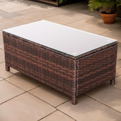 Rattan Park Mesa de Centro de ratán para Exterior con Tapa de Cristal, Mesa Auxiliar de Mimbre Resistente a Todo Clima para Patio, balcón o Porche, Color marrón (90x50x38 cm)