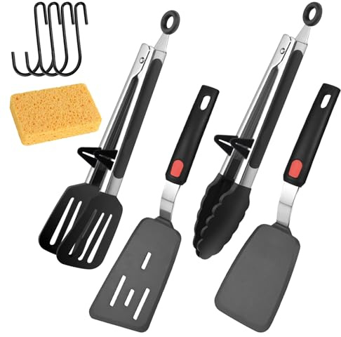 Silicone Spatula Turner Set of 4, Heat Resistant Kitchen Utensils for Non-Stick Cookware, with Black Hook and Wood Pulp Dishwashing Sponge, Suitable for Pancakes, Fish Fillets, Hamburgers (Black)
