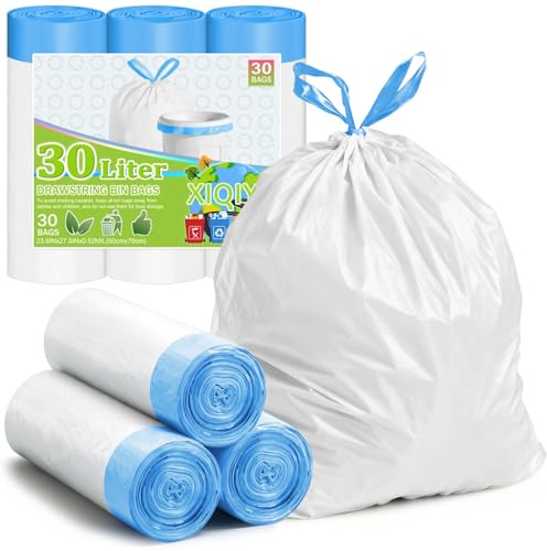 XIQIYY Bolsas de basura grandes de 30 litros, bolsas de basura grandes para cocina con asas de corbata, 30 bolsas de basura fuertes para 25 litros, 35 L, cubos de basura de oficina con pedal (60 x 70