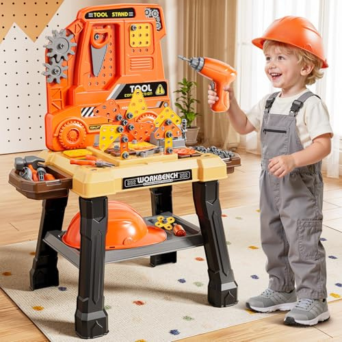 XINNOVEL Kids Tool Bench Set with Electric Drill and Realistic Tool, Pretend Play Construction Workbench Toys for Toddlers Ages 3-5 Years Old, Birthday Gifts for Boys Age 3 4 5 6 7 8 Year Old