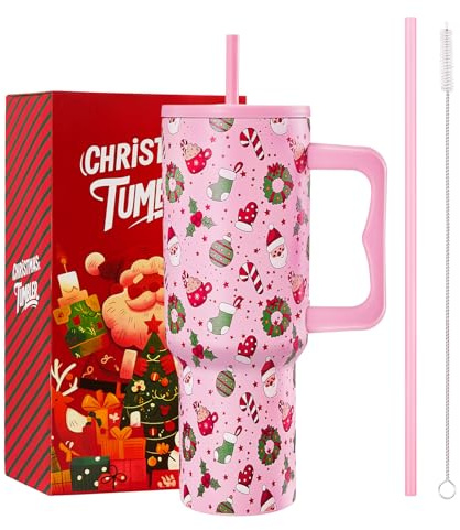 TaroKitc Weihnachten Thermobecher 1200ml mit Strohhalm und Henkel, Edelstahl Trinkbecher mit Deckel Auslaufsicher, Vakuum-Isoliert Kaffeebecher To Go Trinkflasche Tumbler, Geschenk für Weihnachten