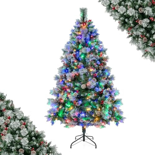 SFAREST 6FT/7FT Pre-Lit Christmas Tree, Hinged Xmas Tree with 11 Lighting Modes, 747/1116 Branch Tips, 350/400 LED Lights, Pine Needles, Pine Cones & Red Berries, Christmas Decoration (6FT)
