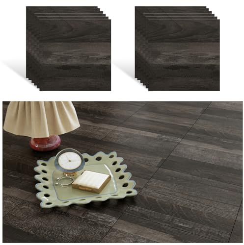 VEELIKE Piastrelle adesive per pavimenti in PVC, effetto legno, effetto legno, impermeabile, 12 pezzi, colore grigio scuro, effetto legno, 30 cm