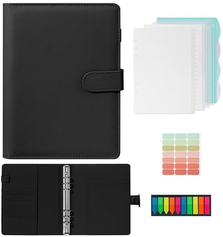 JOYIT Ringbuch A5 Nachfüllbar, Leder Notizbuch A5 Ringbuch mit Bindertaschen und 135 Blatt A5-Nachfüllpapier, A5 Binder für Schulnotizen, Arbeitsnotizen und Reisetagebücher (Schwarz)