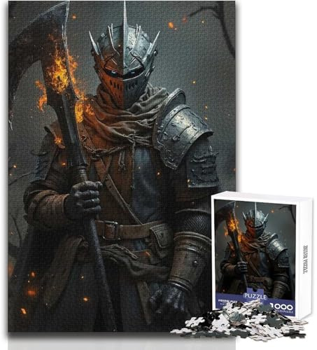 Puzzle de 1000 pièces pour Adultes:Chevalier en Armure avec Hache enflammée Idéal pour des Moments de détente Découpe de Haute précision Dimensions:38x52cm