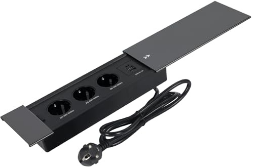 Multiprise encastrable avec couvercle coulissant en métal, prise escamotable 3 voies avec 2 USB A et USB C, prise de table, multiprise rétractable pour plan de travail, cuisine, bureau (noir, 3 prises