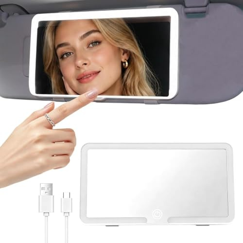 Car Vanity Mirror with LED Lights 3 Colour Modes Touch Dimmable Brightness Elastic Strap USB C Rechargeable Sun Visor Makeup HD Mirror Travel Accessory for Cars SUVs Vans and Trucks