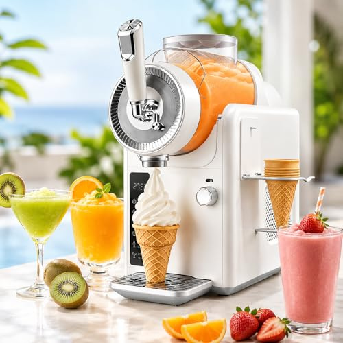 HCAUYNN Máquina de Granizados Sin Hielo, Heladera Soft Serve 2L, Máquina Autoenfriadora con 5 Programas, Pantalla LED y Autolimpieza para Casa y Fiestas White