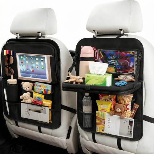 Teuaplo 2 Pièces Organisateur Voiture Enfant, Protection Siege Voiture avec Table Pliable et Poche Téléphone/iPad Transparente Organisateurs de Siège Voiture Imperméable pour Rangement Voiture