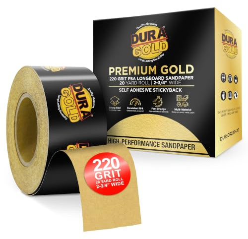 Dura-Gold Premium Gold 220 Grit PSA Longboard Sandpaper, 20 Yard Roll, 2-3/4 Wide, Self Adhesive Stickyback, Woodworking & Automotive Sandpaper Roll, Air File Sand Paper, Auto Sanding Blocks